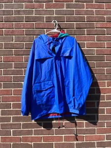 Columbia Rain Jacket Mens Slicker Blue Colorblock 90s Vintage Hooded Mid Length - Picture 1 of 2