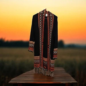 Fashion Apparel Boho Knit Sweater Aztec Cardigan Size L/ XL Ethnic Tassel Hem - Picture 1 of 15
