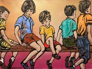 DAVID BROMLEY Children Series "On The Fence" Polymer on Canvas 90cm x 120cm - Picture 1 of 4