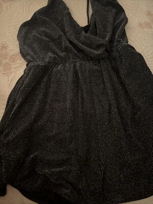 Lulus V Neck Black Glitter Romper W/ Adjustable Strap Size Large 100%Polyester - Image 1 of 3