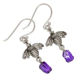 Honey Bee - Natural Amethyst Rough - African 925 Silver Earrings ALLE-17186 - Picture 1 of 1