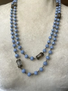 Vintage Long Flapper Necklace Blue Faceted Glass & Iridescent Beads Accent 54" - Picture 1 of 9