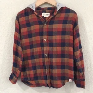 Me & Henry Boys 5/6 Shirt Multicolored Check Button Up Shirt Hooded 100% Cotton - Picture 1 of 11