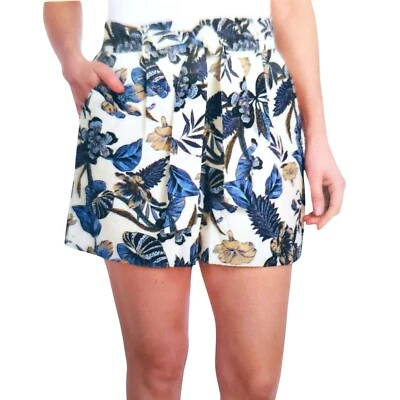 Pantalones Cortos Dalia Sm Cinturón Corbata Mezcla Lino Elásticos Cintura Alta Transpirables Azul Floral Foto 1 de 4