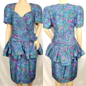 Vintage Tadashi Shoji Raffle Peplum Floral Cocktail Dress 12 - Picture 1 of 6