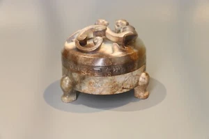 China old Han Dy. Green jade Carved Dragon Phoenix Incense Burner Round Box - Picture 1 of 24