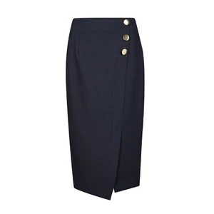 New Pencil Skirt Button Detail Navy Blue Faux Wrapover Skirt Ex Famous Store - Picture 1 of 1