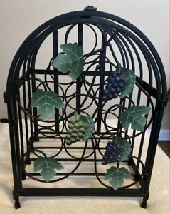  WINE BOTTLE RACK- Black Wrought Iron "Bird Cage" w/ Grapes & Leaves on Door
