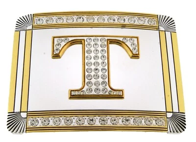 Inicial T Letra T Monograma Vaquero Occidental Hombres Mujeres Oro Helado Metal Hebilla de Cinturón Foto 1 de 4