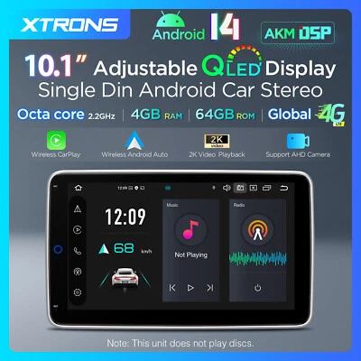 QLED 10.1" Adjustable Screen 1-DIN Android 14 8-Core 4+64GB Car Stereo GPS Radio - Image 1 of 4