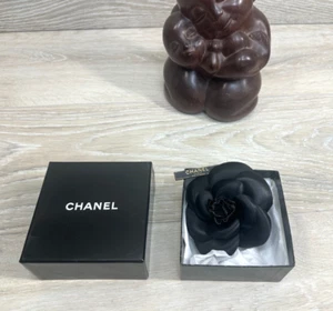 CHANEL Black Camellia Flower Fabric Corsage Pin Brooch Accessory Rare 4" - Picture 1 of 5