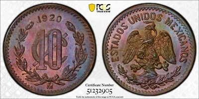 MEXICO ESTADOS UNIDOS 1920 10 CENTAVOS COIN CERTIFIED UNCIRCULATED PCGS MS66-BN - Image 1 of 4