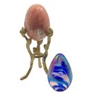Vintage Blue Iridescent GES & Pink Crackle Art Glass Egg w/ Gold Stand 3pc LOT