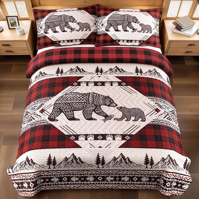 3 Piece Cabin Full/Queen Quilt Sets Christmas Rustic Reversible Microfiber Soft - Image 1 of 4