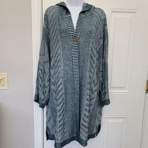 WOOLRICH Teal &White One Button Hooded Cardigan Coastal Granny Core Knit XL XXL - Picture 1 of 11