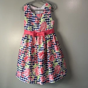 Bonnie Jean ärmelloses Kleid blau kariert mit rosa Gürtel und floralen Akzenten, Größe 6 - Bild 1 von 11