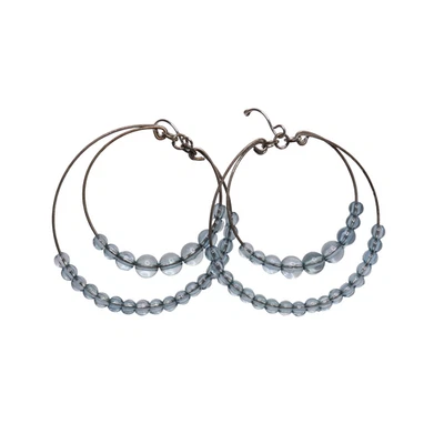 Blue Double Hoop Faux Bead Hook Back Dangle Earrings 1 3/4 Inches - Image 1 of 3