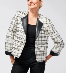 Chico’s Tweed Kunstlederbesatz Jacke weiß kariert Größe 8 Mgd - Bild 1 von 8