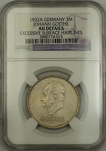 1932-A Germany Three Mark 3M Silver Coin Johann Goethe NGC AU Details - Picture 1 of 2
