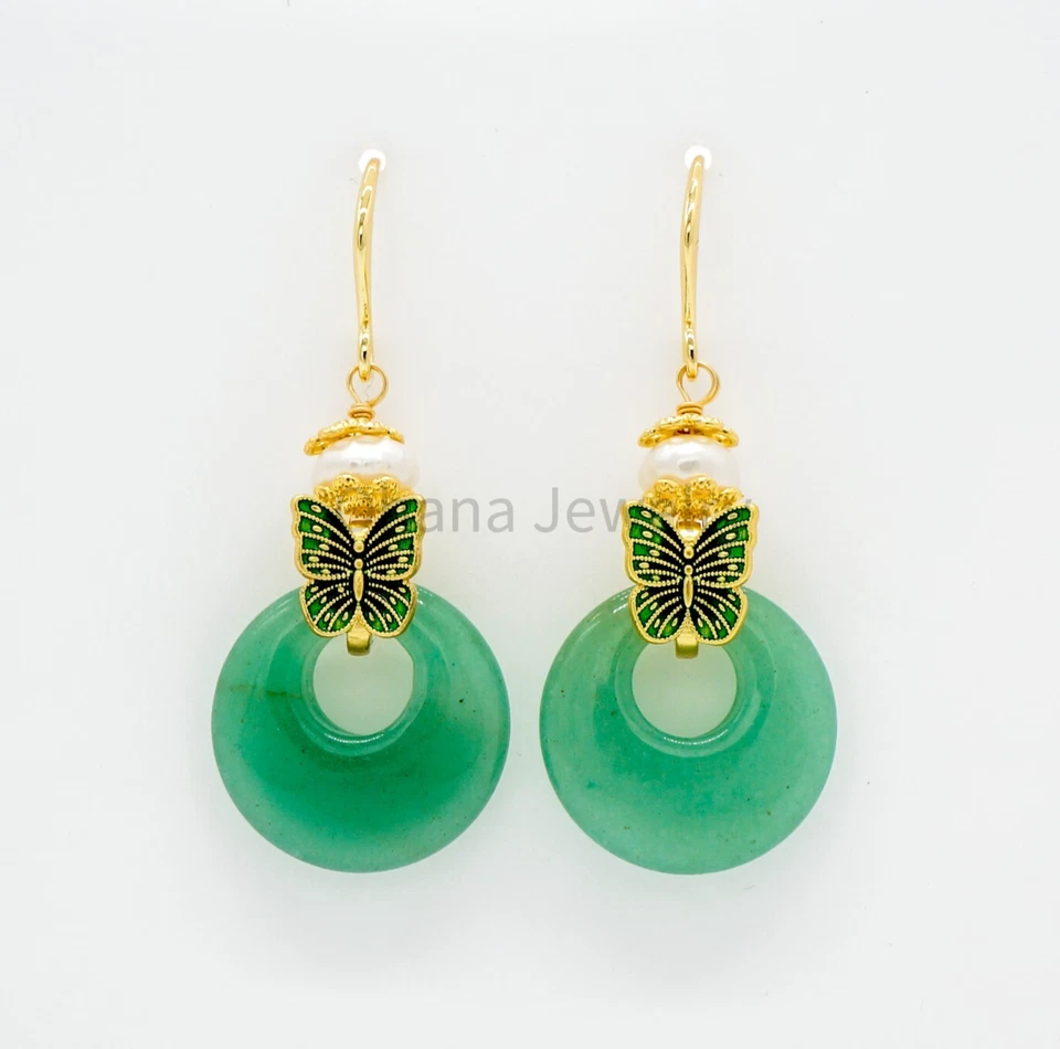 Brincos pendurados de gota de pérola de água doce de jade verde natural - Borboleta donut - Imagem 1 de 1