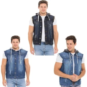 Men's Denim Hooded Vest - Sleeveless Biker Jean Jacket with Hood - Picture 1 of 17