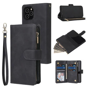 For iphone Case 14 pro max 13 12 11 SE XS XR Zipper Wallet Leather Phone Cover - Picture 1 of 36