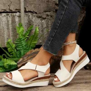 Peep Toe Hemp Sole Wedge Heel Sandals - Picture 1 of 1