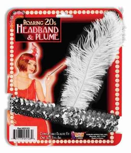 Roaring 20s Flapper Silver Headband and White Plume Halloween Costume Accessory - Picture 1 of 1