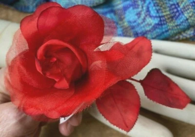 vintage silk 1950s organza 3" red rose leaves 1pc made in Czechoslovakia - Image 1 of 4