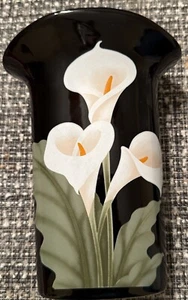 Vintage Otagiri White Double Calla Lily Flower Design Black Vase Japan 4.5" x7" - Picture 1 of 8