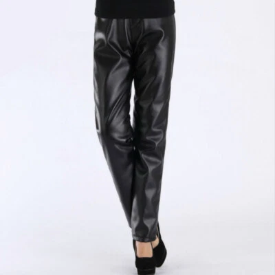 Femme Simili Cuir Pantalon Jambe Droite Pantalon Décontracté PU Noir - Photo 1/4