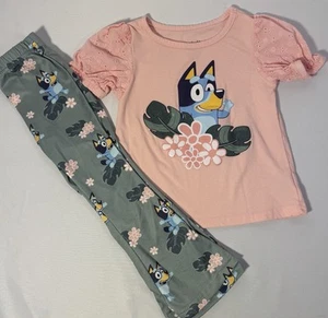 Bluey Legging Set Flare Leg Pants Short Eyelet Sleeve Top Shirt Girls Sz 4 - Picture 1 of 11