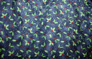 GREEN HOLLY AND RED BERRIES ON BLUE FROM EE SCHENK  - 100% COTTON FABRIC - Picture 1 of 4