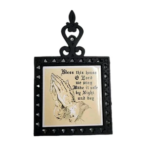 Cast Iron Trivet footed Blessing Praying Hands Ceramic Tile Japan 1970s Decor - Picture 1 of 15