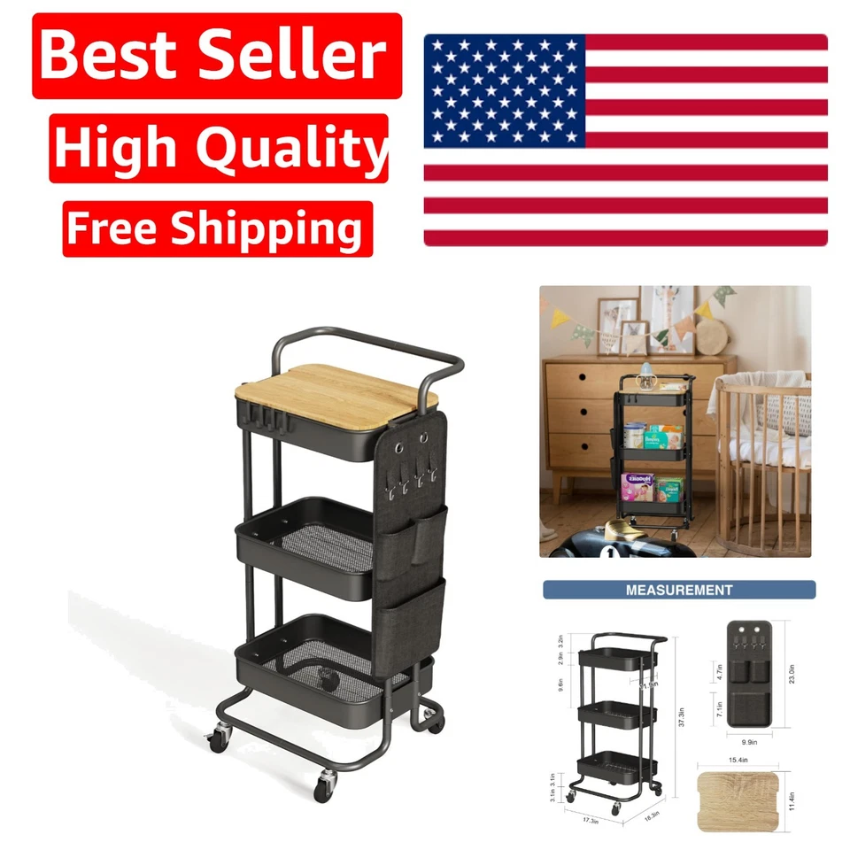 DTK 3 Tier Metal Utility Rolling Cart with Table Top and large-Metal Black