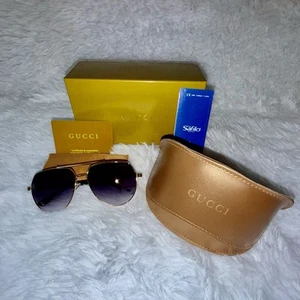 GUCCI GG0432S 0432 Dorado Marrón Aviador Grabado Metal Retro Gafas de Sol Unisex 002 - Imagen 1 de 3