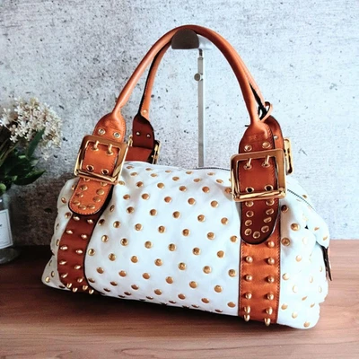 Bolso de Hombro Besso Tachonado Cartera Bolso de Mano Cuero Blanco Camel USADO de JPN Foto 1 de 4