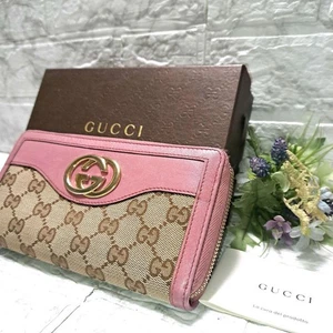 Portafoglio Gucci ad incastro GG tela zip rotonda rosa beige marrone pelle originale - Foto 1 di 20