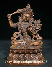 5" Tibet Boxwood Wood Wenshu Manjushri Boddhisattva Avalokiteshvara Sword Statue