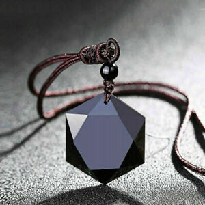 Art Crystal Black Obsidian Stone Hexagram Shape Necklace Pendant Jewelry Chain
