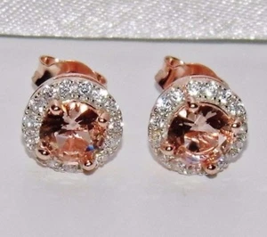 9ct Rose Gold on Silver Morganite & White Topaz Ladies Cluster Stud Earrings - Picture 1 of 7
