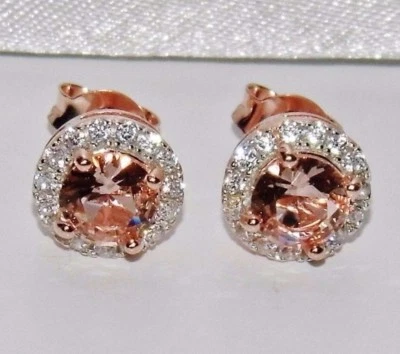9ct Rose Gold on Silver Morganite & White Topaz Ladies Cluster Stud Earrings - Image 1 of 4