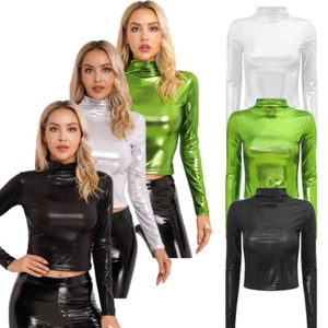 Canotta donna maglietta donna finto collo t-shirt blusa olografica lucida rave - Foto 1 di 40