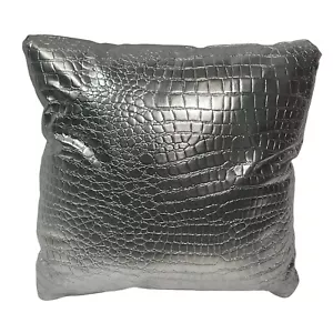 Silver Metallic Faux Leather Crocodile Throw Pillow 18" x 18" w/Insert - Picture 1 of 3