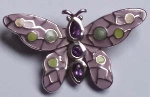 Vintage Silver Butterfly Brooch with Hatural Amethyst Crystals And Enamel - Picture 1 of 6