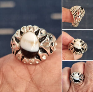 Agate خاتم عقيق جزع مميزJaza  Carved special desig  ring silver Plated 9us