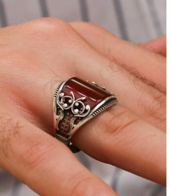 Aqeeq Men silver ring Handmade Pure 925 SILVER men Red Agate stone All size - Image 1 of 2