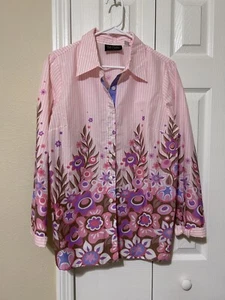 Bob Mackie Wearable Art Women’s Medium Button Up Pink Stripe Floral Shirt - Picture 1 of 7