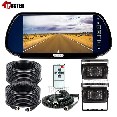 7" Rear view Mirror Monitor+2x IR Reversing CCD Camera 4Pin Kit Trailer Caravan - Image 1 of 4