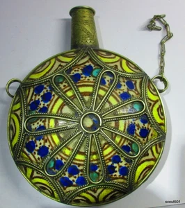 Vintage Muted Colors Ornate Moroccan Fez Ceramic Brass Filigree Gunpowder Flask - Picture 1 of 8